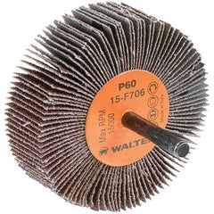 WALTER Surface Technologies - 3" Diam x 1" Face Width, Medium Aluminum Oxide Coated Mounted Flap Wheel - 1/4" Shank Mount, 60 Grit, Cloth Backing, 15,000 Max RPM - Exact Tooling