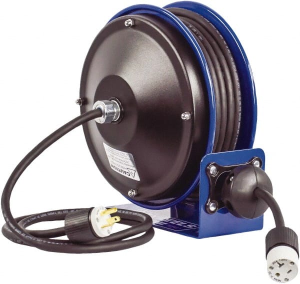 CoxReels - 16 AWG, 30' Cable Length, Cord & Cable Reel with Outlet End - 1 Outlet, NEMA 5-15R, 13 Amps, 115 Volts, SJO Cable, Blue Reel, Spring Driven Reel - Exact Tooling