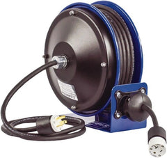 CoxReels - 12 AWG, 30' Cable Length, Cord & Cable Reel with Outlet End - 1 Outlet, NEMA 5-20R, 20 Amps, 115 Volts, SJO Cable, Blue Reel, Spring Driven Reel - Exact Tooling