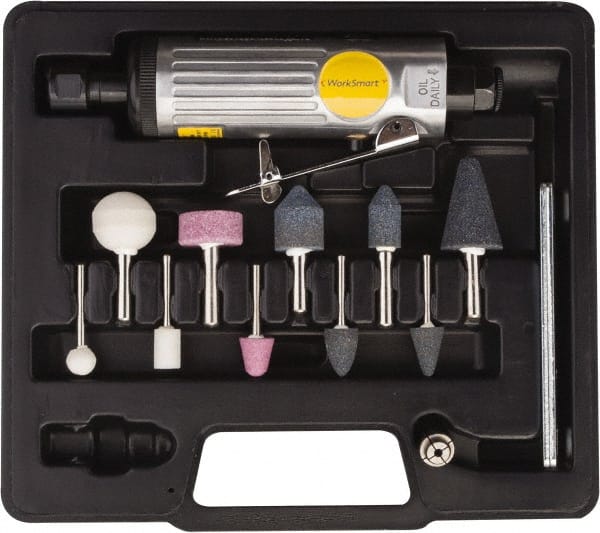 Value Collection - 1/4" Spindle, 22,000 RPM, Straight Handle, Air Straight Die Grinder Kit - 4 CFM Air Consumption, 90 psi, 1/4" Inlet, 0.45 hp - Exact Tooling
