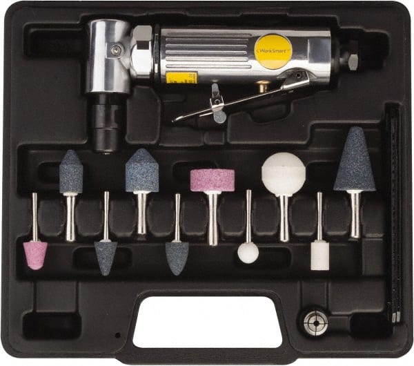 Value Collection - 1/4" Spindle, 22,000 RPM, 90° Angle Handle, Air Die Grinder Set - 4 CFM Air Consumption, 90 psi, 1/4" Inlet, 0.3 hp - Exact Tooling