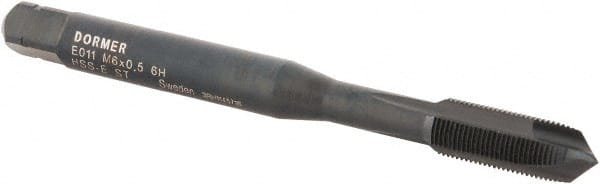 DORMER - M6x0.50 Metric Fine, 3 Flute, Oxide Finish, Cobalt Spiral Point Tap - Plug Chamfer, Right Hand Thread, 66mm OAL, 13mm Thread Length, 6.3mm Shank Diam, 6H Class of Fit, Series E011 - Exact Tooling