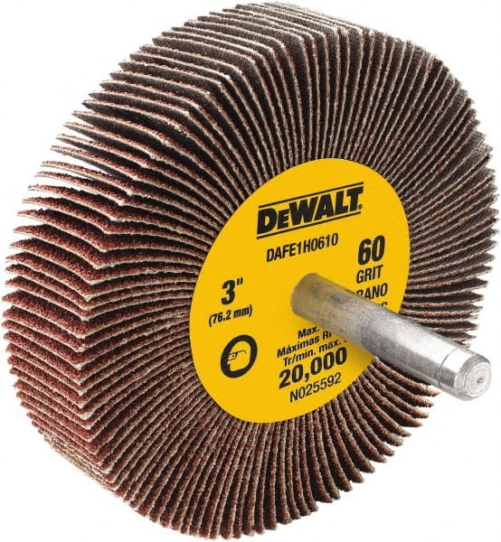 DeWALT - 3" Diam x 1" Face Width, Medium Aluminum Oxide Coated Mounted Flap Wheel - 1/4" Shank Mount, 60 Grit, Cloth Backing, 20,000 Max RPM - Exact Tooling
