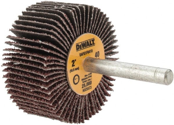 DeWALT - 2" Diam x 1" Face Width, Coarse Aluminum Oxide Coated Mounted Flap Wheel - 1/4" Shank Mount, 40 Grit, Cloth Backing, 25,000 Max RPM - Exact Tooling