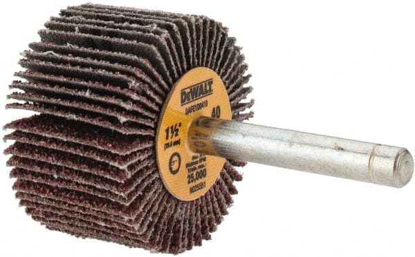 DeWALT - 1-1/2" Diam x 1" Face Width, Coarse Aluminum Oxide Coated Mounted Flap Wheel - 1/4" Shank Mount, 40 Grit, Cloth Backing, 25,000 Max RPM - Exact Tooling