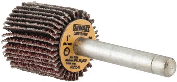 DeWALT - 1" Diam x 1" Face Width, Coarse Aluminum Oxide Coated Mounted Flap Wheel - 1/4" Shank Mount, 40 Grit, Cloth Backing, 25,000 Max RPM - Exact Tooling