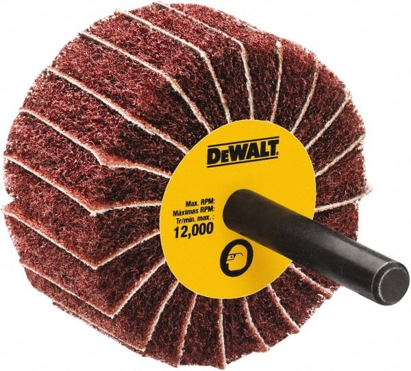 DeWALT - 4" Diam x 1-3/4" Face Width, Fine Aluminum Oxide Coated Mounted Flap Wheel - 1/4" Shank Mount, 100 Grit, Interleaf, Cloth Backing, 25,000 Max RPM - Exact Tooling