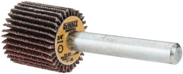DeWALT - 3/4" Diam x 3/4" Face Width, Medium Aluminum Oxide Coated Mounted Flap Wheel - 1/4" Shank Mount, 60 Grit, Cloth Backing, 25,000 Max RPM - Exact Tooling
