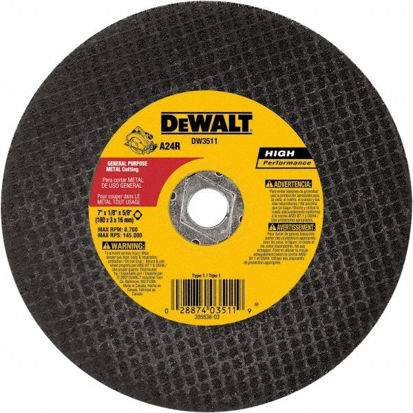 DeWALT - 7" 24 Grit Aluminum Oxide Cutoff Wheel - 1/8" Thick, 5/8" Arbor, 8,700 Max RPM, Use with Angle Grinders - Exact Tooling