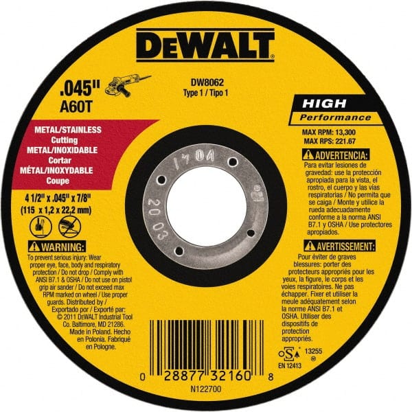 DeWALT - 4-1/2" 60 Grit Aluminum Oxide Cutoff Wheel - 0.045" Thick, 7/8" Arbor, 13,300 Max RPM, Use with Angle Grinders - Exact Tooling