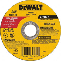 DeWALT - 4" 60 Grit Aluminum Oxide Cutoff Wheel - 0.045" Thick, 5/8" Arbor, 15,200 Max RPM, Use with Angle Grinders - Exact Tooling