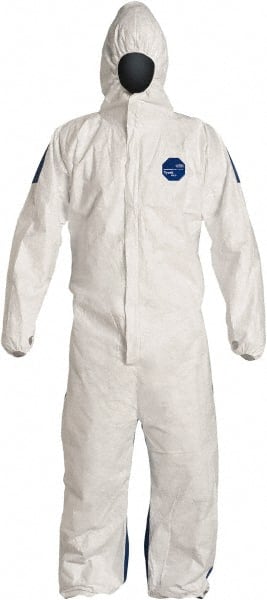 Dupont - Size 2XL Film Laminate General Purpose Coveralls - White/Blue, Zipper Closure, Elastic Cuffs, Elastic Ankles, Serged Seams, Hazard Level D & C - Exact Tooling