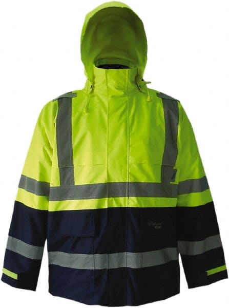 Viking - Size M, High Visibility Lime & Navy, Rain, Wind Resistant Jacket - 40" Chest, 4 Pockets, Detachable Hood - Exact Tooling