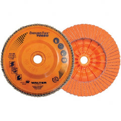 WALTER Surface Technologies - 36 & 60 Grit, 4-1/2" Disc Diam, 7/8" Center Hole, Type 27 Ceramic Flap Disc - 13,300 Max RPM, Plastic Backing, Arbor Attaching System, Coated - Exact Tooling