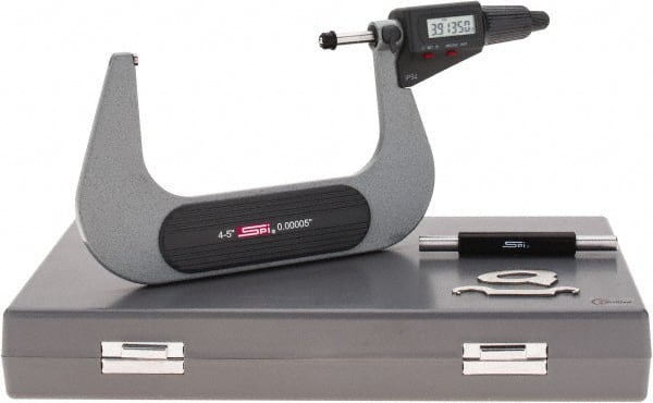 SPI - 4 to 5" Range, 0.00005" Resolution, Standard Throat IP54 Electronic Outside Micrometer - 0.00024" Accuracy, Friction Thimble, Carbide-Tipped Face, LR44 Battery, Includes NIST Traceable Certification of Inspection - Exact Tooling