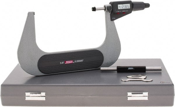 SPI - 5 to 6" Range, 0.00005" Resolution, Standard Throat IP54 Electronic Outside Micrometer - 0.00024" Accuracy, Friction Thimble, Carbide-Tipped Face, LR44 Battery, Includes NIST Traceable Certification of Inspection - Exact Tooling