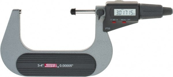 SPI - 3 to 4" Range, 0.00005" Resolution, Standard Throat IP54 Electronic Outside Micrometer - 0.0002" Accuracy, Friction Thimble, Carbide-Tipped Face, LR44 Battery, Includes NIST Traceable Certification of Inspection - Exact Tooling