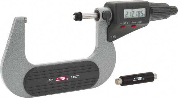 SPI - 2 to 3" Range, 0.00005" Resolution, Standard Throat IP54 Electronic Outside Micrometer - 0.0002" Accuracy, Friction Thimble, Carbide-Tipped Face, LR44 Battery, Includes NIST Traceable Certification of Inspection - Exact Tooling