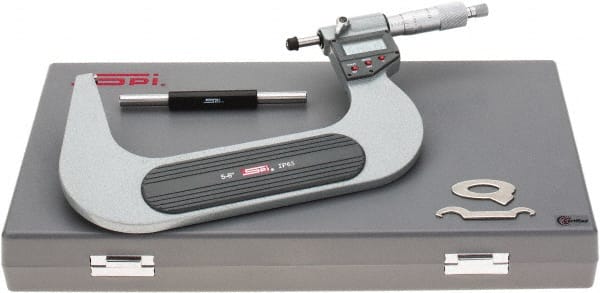 SPI - 5 to 6" Range, 0.00005" Resolution, Standard Throat IP65 Electronic Outside Micrometer - 0.0002" Accuracy, Ratchet Stop Thimble, Carbide-Tipped Face, LR44 Battery, Includes NIST Traceable Certification of Inspection - Exact Tooling