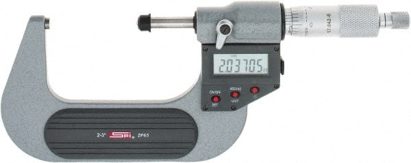 SPI - 2 to 3" Range, 0.00005" Resolution, Standard Throat IP65 Electronic Outside Micrometer - 0.0002" Accuracy, Ratchet Stop Thimble, Carbide-Tipped Face, LR44 Battery, Includes NIST Traceable Certification of Inspection - Exact Tooling