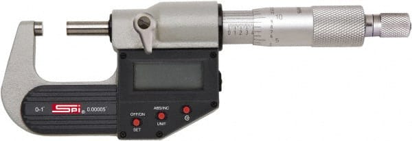 SPI - 6 to 7" Range, 0.00005" Resolution, Standard Throat IP65 Electronic Outside Micrometer - 0.0002" Accuracy, Ratchet Stop Thimble, Carbide-Tipped Face, LR44 Battery, Includes NIST Traceable Certification of Inspection - Exact Tooling