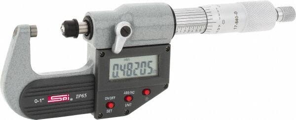 SPI - 0 to 1" Range, 0.00005" Resolution, Standard Throat IP65 Electronic Outside Micrometer - 0.0001" Accuracy, Ratchet Stop Thimble, Carbide-Tipped Face, LR44 Battery, Includes NIST Traceable Certification of Inspection - Exact Tooling