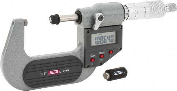 SPI - 1 to 2" Range, 0.00005" Resolution, Standard Throat IP65 Electronic Outside Micrometer - 0.0001" Accuracy, Ratchet Stop Thimble, Carbide-Tipped Face, LR44 Battery, Includes NIST Traceable Certification of Inspection - Exact Tooling