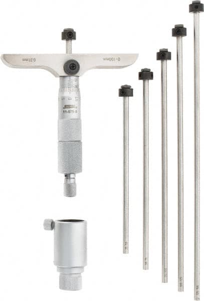 SPI - 0 to 150mm Range, 6 Rod, Mechanical Depth Micrometer - Ratchet Stop Thimble, 100mm Base Length, 0.01mm Graduation, 4.5mm Rod Diam - Exact Tooling