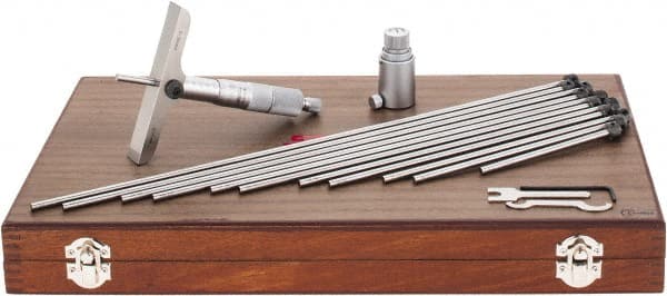 SPI - 0 to 300mm Range, 12 Rod, Mechanical Depth Micrometer - Ratchet Stop Thimble, 100mm Base Length, 0.01mm Graduation, 4.5mm Rod Diam - Exact Tooling