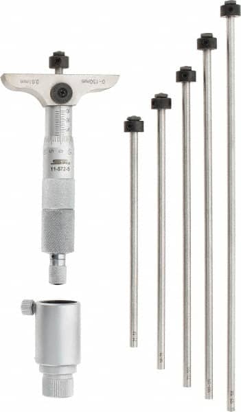 SPI - 0 to 150mm Range, 6 Rod, Mechanical Depth Micrometer - Ratchet Stop Thimble, 63mm Base Length, 0.01mm Graduation, 4.5mm Rod Diam - Exact Tooling