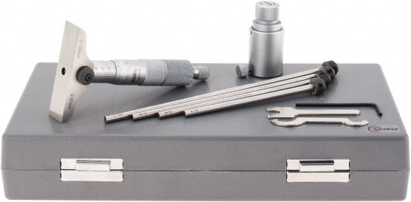SPI - 0 to 100mm Range, 4 Rod, Mechanical Depth Micrometer - Ratchet Stop Thimble, 63mm Base Length, 0.01mm Graduation, 4.5mm Rod Diam - Exact Tooling