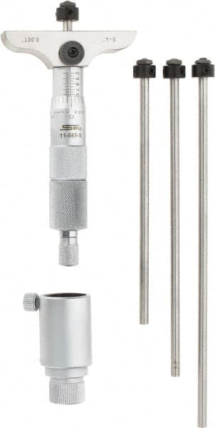 SPI - 0 to 4" Range, 4 Rod, Mechanical Depth Micrometer - Ratchet Stop Thimble, 2-1/2" Base Length, 0.001" Graduation, 4.5mm Rod Diam - Exact Tooling