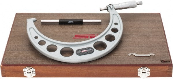 SPI - 6 to 7" Range, 0.0001" Graduation, Mechanical Outside Micrometer - Ratchet Stop Thimble, 4.1" Throat Depth, Accurate to 0.0002" - Exact Tooling