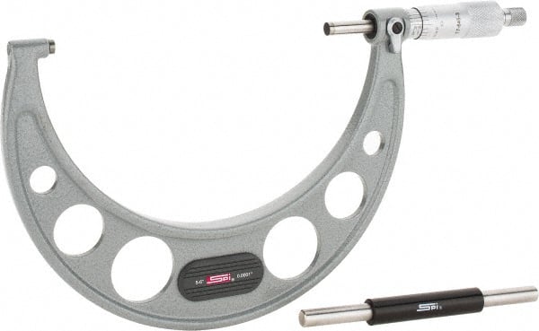 SPI - 5 to 6" Range, 0.0001" Graduation, Mechanical Outside Micrometer - Ratchet Stop Thimble, 3.35" Throat Depth, Accurate to 0.0002" - Exact Tooling