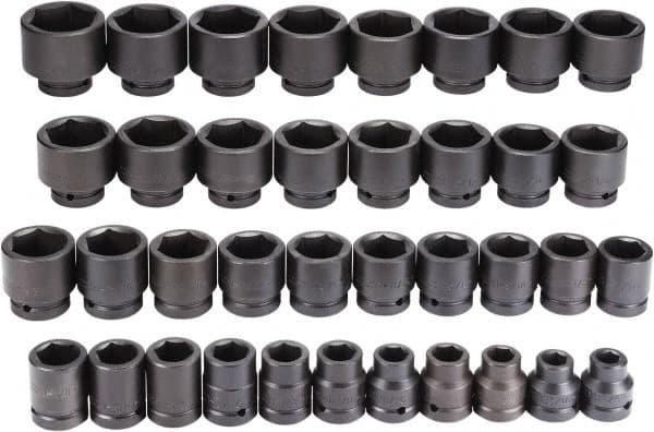 Proto - 37 Piece 1" Drive Black Finish Impact Socket Set - 6 Points, 3/4" to 3" Range, Inch Measurement Standard - Exact Tooling