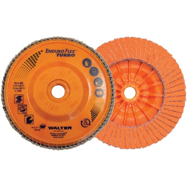 WALTER Surface Technologies - 36 & 60 Grit, 5" Disc Diam, 7/8" Center Hole, Type 27 Ceramic Flap Disc - 12,200 Max RPM, Plastic Backing, Arbor Attaching System, Coated - Exact Tooling