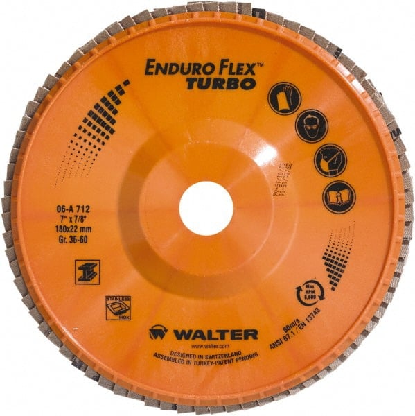 WALTER Surface Technologies - 36 & 60 Grit, 7" Disc Diam, 7/8" Center Hole, Type 27 Ceramic Flap Disc - 8,600 Max RPM, Plastic Backing, Arbor Attaching System, Coated - Exact Tooling