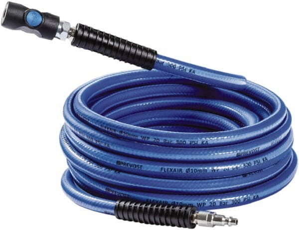 Prevost - 3/8" ID 50' Long Multipurpose Air Hose - Industrial Interchange Safety Coupler x Male Plug Ends, 300 Working psi, 5 to 140°F, 1/4" Fitting, Blue - Exact Tooling