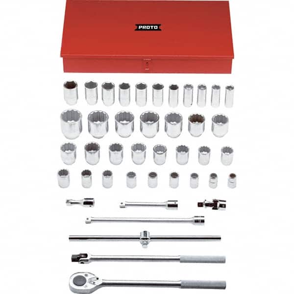 Proto - 42 Piece 3/4" Drive Chrome Finish Deep Well Socket Set - 6, 12 Points, 7/8" to 2-3/8" Range, Inch Measurement Standard - Exact Tooling