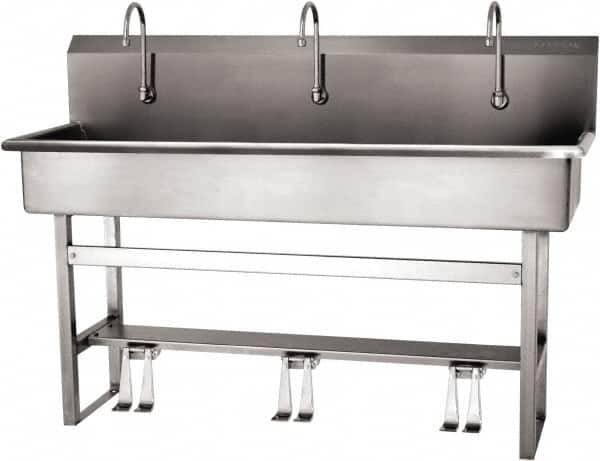 SANI-LAV - 57" Long x 16-1/2" Wide Inside, 1 Compartment, Grade 304 Stainless Steel (4) Person Wash-Station with Double Foot Valves - 16 Gauge, 60" Long x 20" Wide x 45" High Outside, 8" Deep - Exact Tooling