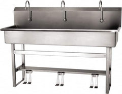 SANI-LAV - 57" Long x 16-1/2" Wide Inside, 1 Compartment, Grade 304 Stainless Steel (4) Person Wash-Station with Double Foot Valves - 16 Gauge, 60" Long x 20" Wide x 45" High Outside, 8" Deep - Exact Tooling