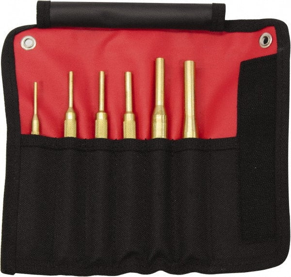 Mayhew - 12 Piece, 1/16 to 1/2", Pin Punch Set - Round Shank, Brass, Comes in Kit Bag - Exact Tooling