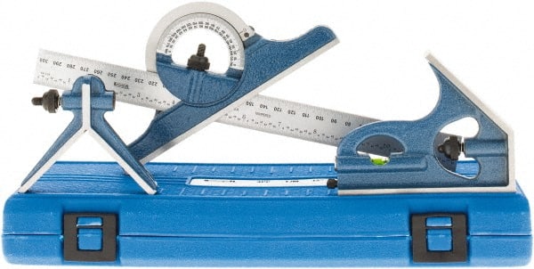 SPI - 4 Piece, 12" Combination Square Set - 1/32 & 1/64" (English/Metric) Graduation, Hardened Steel Blade, Cast Iron Center, Protractor & Square Head - Exact Tooling