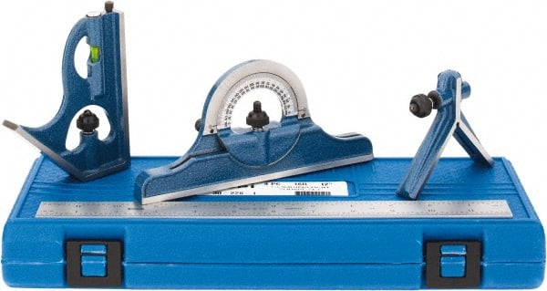 SPI - 4 Piece, 12" Combination Square Set - 1/100, 1/32, 1/50 & 1/64" (16R) Graduation, Hardened Steel Blade, Cast Iron Center, Protractor & Square Head - Exact Tooling