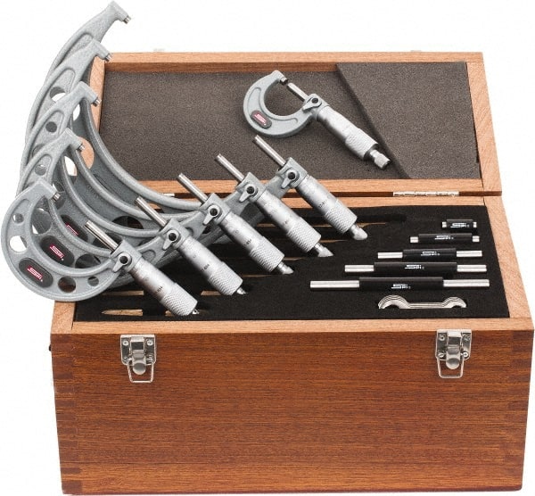 SPI - 0 to 150mm Range, 6 Piece Mechanical Outside Micrometer Set - 0.01mm Graduation, 0.004, 0.005, 0.006mm Accuracy, Ratchet Stop Thimble - Exact Tooling