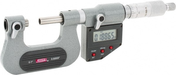 SPI - 0 to 25mm Range, Electronic Screw Thread Micrometer - Ratchet Stop Thimble, 0.00005" Graduation, 0.0001" Accuracy - Exact Tooling