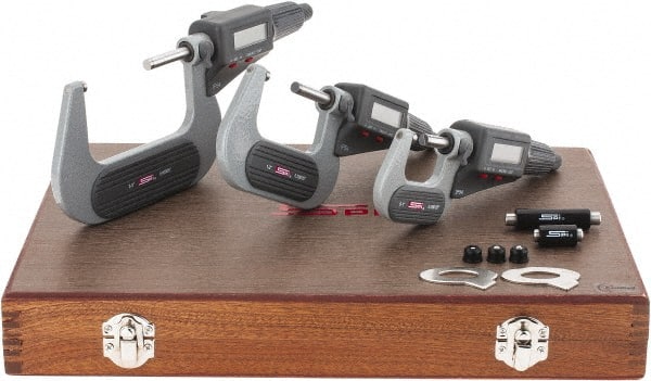 SPI - 0 to 3" Range, 0.001mm Resolution, IP54, 3 Piece Electronic Outside Micrometer Sets - 0.002, 0.003mm Accuracy, Friction Thimble, Carbide Tipped Measuring Face - Exact Tooling