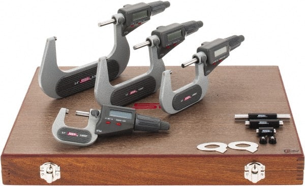 SPI - 0 to 4" Range, 0.001mm Resolution, IP54, 4 Piece Electronic Outside Micrometer Sets - 0.002, 0.003mm Accuracy, Friction Thimble, Carbide Tipped Measuring Face - Exact Tooling