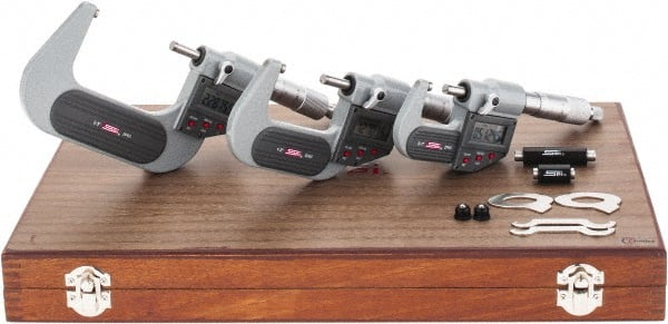 SPI - 0 to 3" Range, 0.001mm Resolution, IP65, 3 Piece Electronic Outside Micrometer Sets - 0.002mm Accuracy, Ratchet Stop Thimble, Carbide Tipped Measuring Face - Exact Tooling