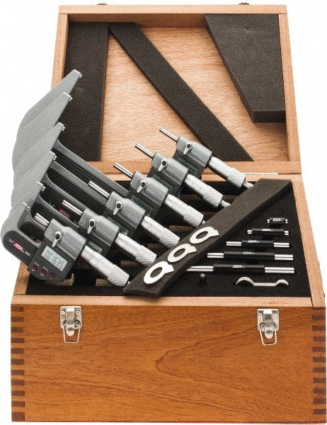 SPI - 0 to 6" Range, 0.001mm Resolution, IP65, 6 Piece Electronic Outside Micrometer Sets - 0.002, 0.003mm Accuracy, Ratchet Stop Thimble, Carbide Tipped Measuring Face - Exact Tooling
